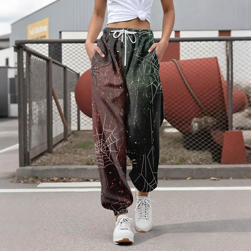 Женские повседневные модные брюки для отдыха с принтом на Хэллоуин, спортивные штаны, брюки с эластичной резинкой на талии, брюки со шнурком