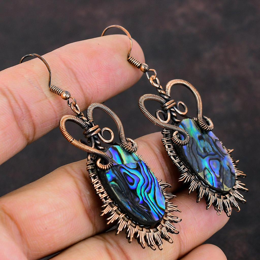 Серьги из раковины морского ушка с драгоценными камнями, серьги из медной проволоки, серьги ручной работы из ракушки морского ушка, ювелирные изделия, подарок для нее, висячие серьги, изящные медные украшения