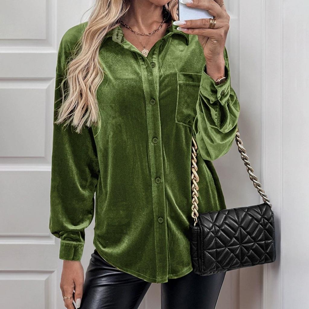 Бархатная однотонная женская блузка с длинным рукавом Универсальный осенний предмет Лацкан Карман Пуговица Женская блузка