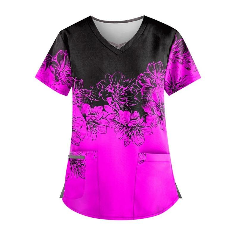 Plus Size Flower Printed Scrub Working Uniform Tops for Women Cross V-Neck Short Sleeve Fun T-Shirts Workwear Tee with Pockets