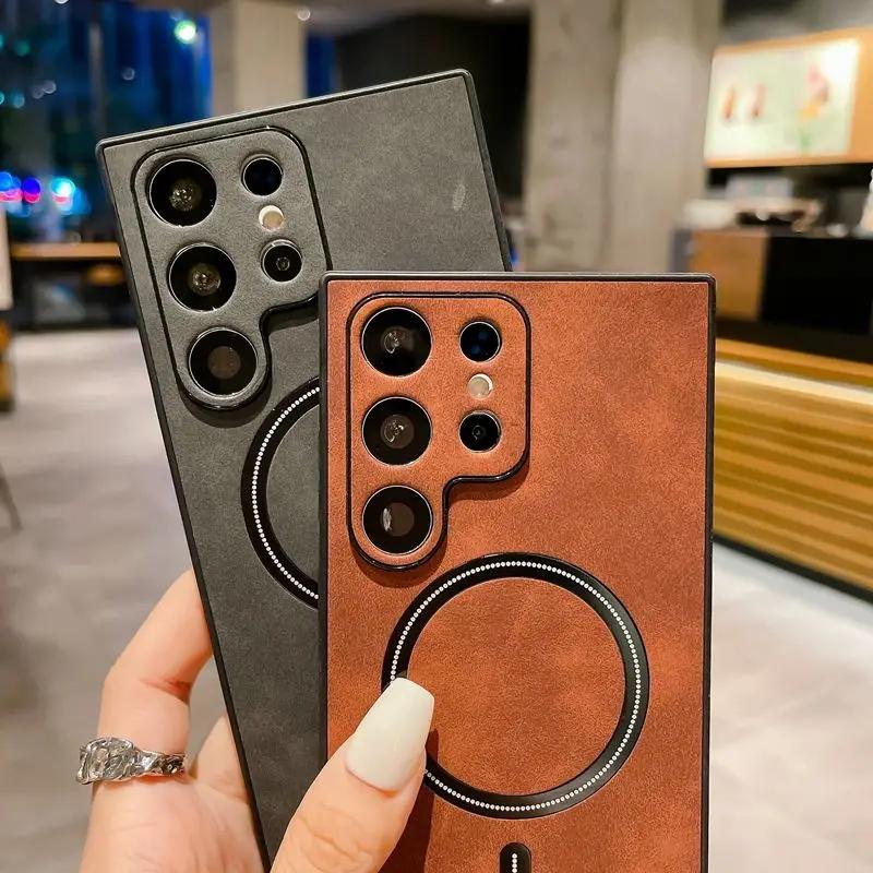 Роскошный простой мягкий кожаный магнитный чехол для телефона Magsafe для Samsung Galaxy S25 S24 S23 S22 S21 Ultra Plus защитный чехол для камеры