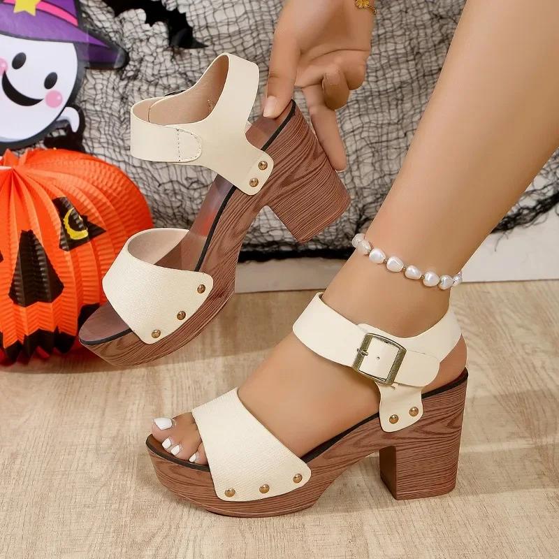 2024 Большие размеры Женская обувь Римские сандалии Уличные формальные сандалии Женские заклепки с пряжками на ремешках Толстая подошва Толстые каблуки Женские