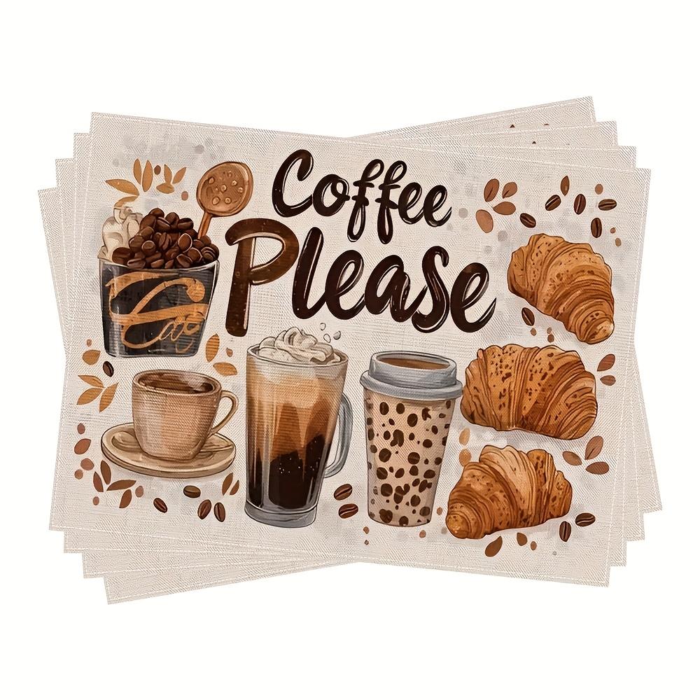 4pcs Coffee-Themed Placemat Set | Adorned with Coffee and Cappuccino Designs, Featuring "Coffee Please" Message, 12x18 Inches