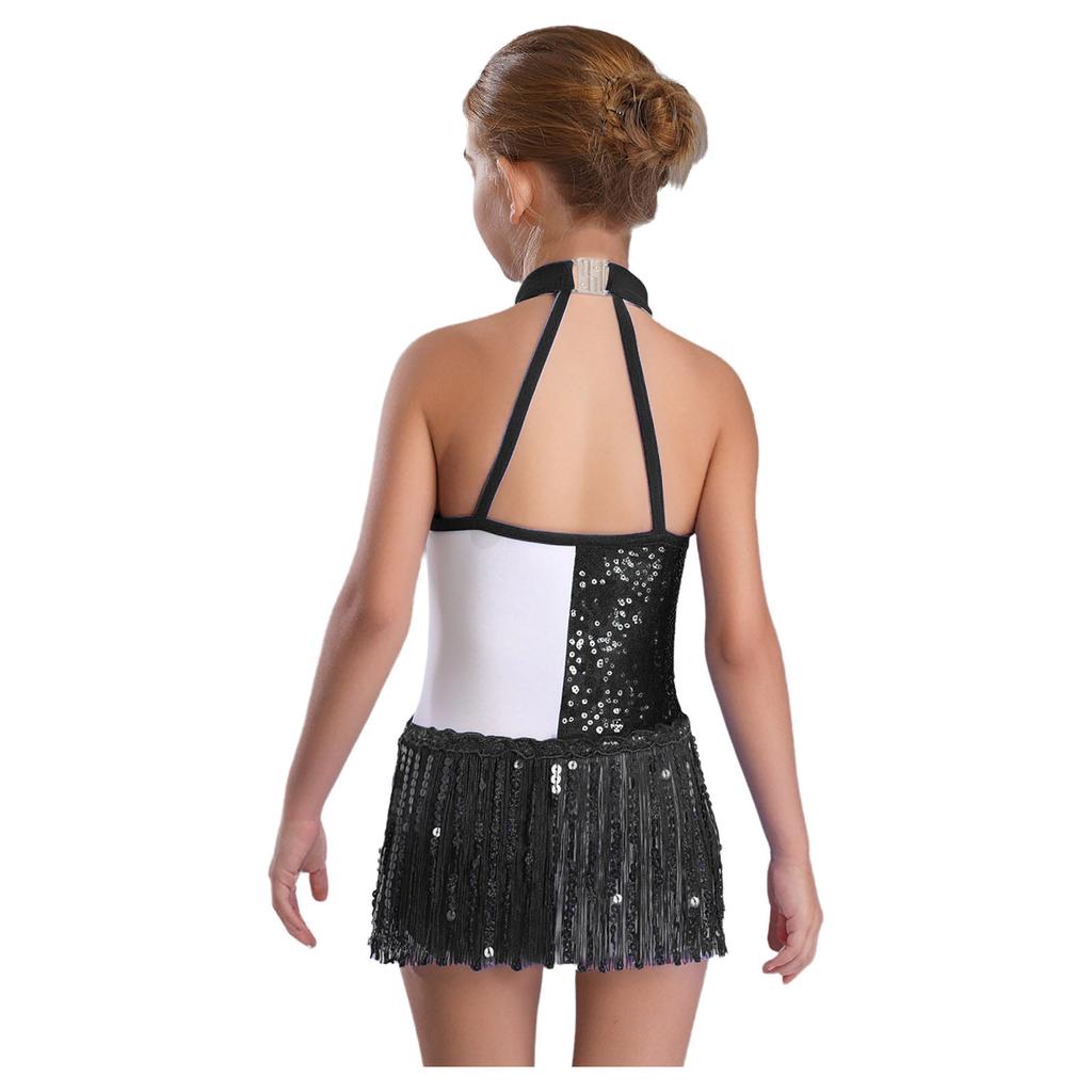 Girls Color Block Latin Dance Leotard Shiny Sequins Tassel Halter Sleeveless Backless Bodysuit Performance Costume