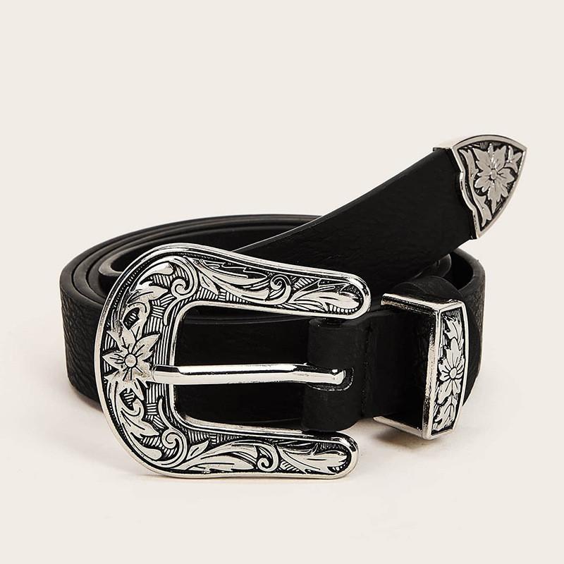Vintage Floral Design Womens Faux Leather Belt With Alloy Buckle