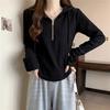 Spring Autumn Solid Color Hooded Long Sleeve Fashion T-Shirts Women High Street Casual Slim Zipper Patchwork Pure Cotton Tops
