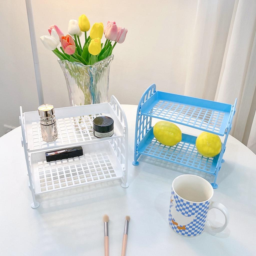 Kawaii двухслойный стеллаж для хранения, настольная складная стойка для хранения макияжа, полка для хранения косметики, отделка общежития, ванная комната
