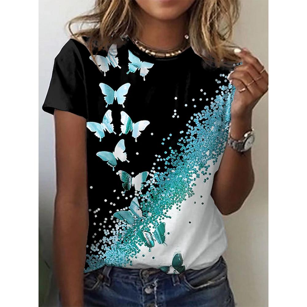 New O-neck 3d Butterfly Print T-shirt Women's Summer Fashion Short-sleeved Blouse Oversized Summer Clothing
