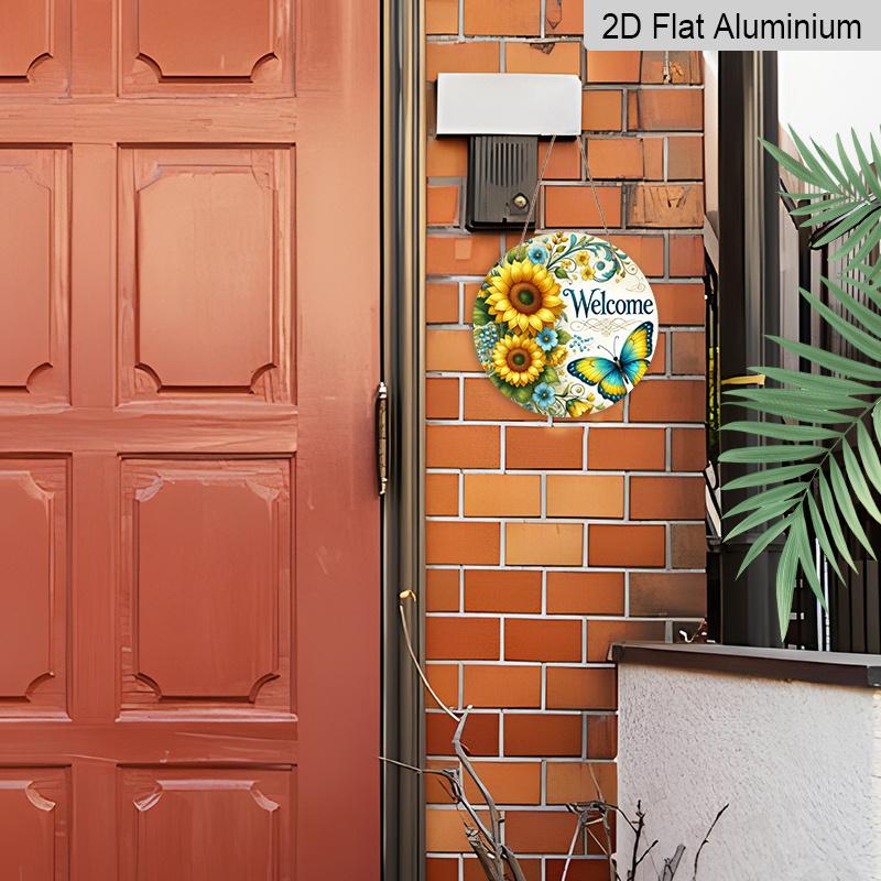 2D Flat 1pc, 8x8 in Vintage Sunflower & Butterfly Round Aluminum Metal Sign – Rustic Welcome Design for Home, Garden, Cafe, and Farmhouse Decor