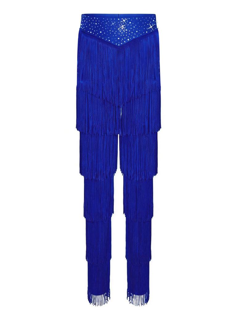 Children‘s Latin Dance Outfit Sleeveless Back Straps Crop Top Layered Tassels and Matching Elastic Waist Fringe Pants for Salsa Competition
