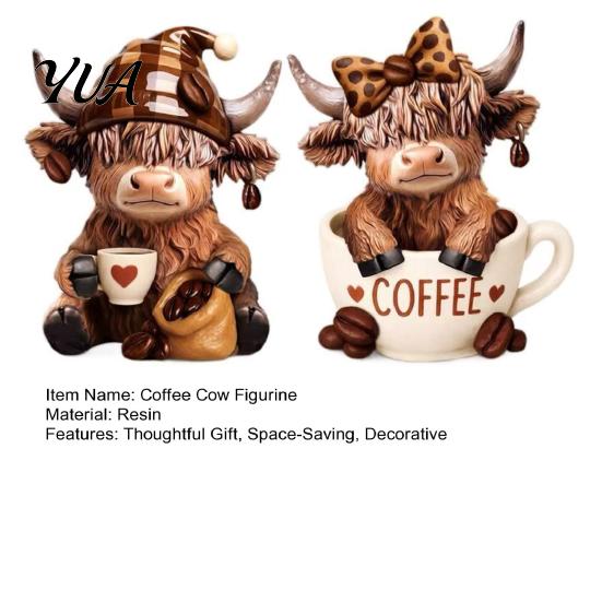 Stable Resin Figurine Ornament 2Pcs Coffee Cow Figurine, Cute Animal Statue for Home Desk Corner Shelf Accessory Decor, Cafe Style Tabletop