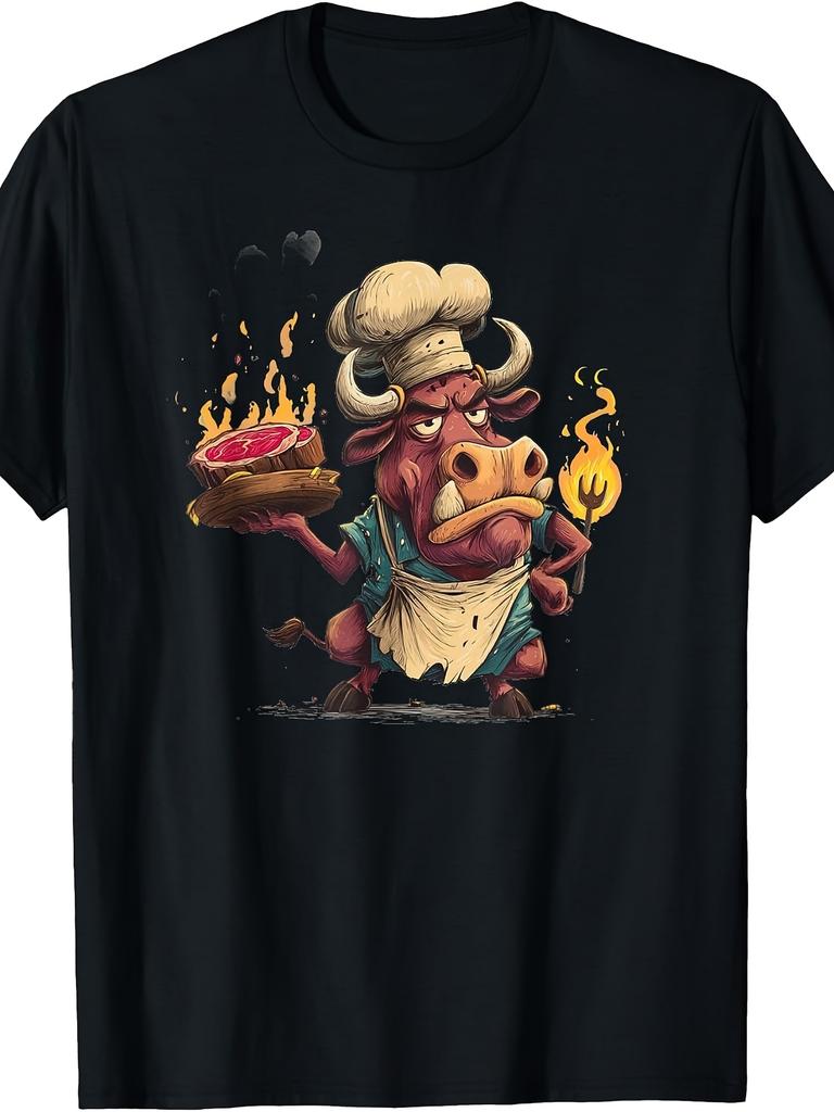 Cartoon Funny Chef Bull, Men's T-Shirt, Grilling Barbecue Cooking Design, Summer Outdoor Party Gift