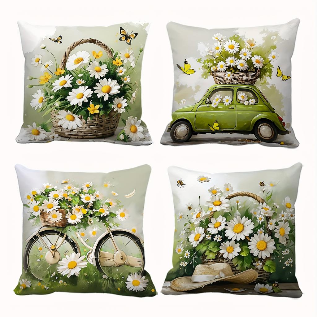 4Pcs Pillowcase Set, Pastoral Fresh Style, Green Tone, Daisy Theme, Wicker Basket, Butterfly, Vintage Green Car, Bicycle, Straw