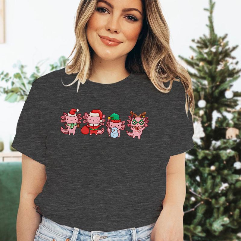 Women Merry Christmas Short Sleeve Tshirt Santa Axolotl Premium Girls Clothing Crew Neck Axolotl Christmas Gift Classic Tshirt