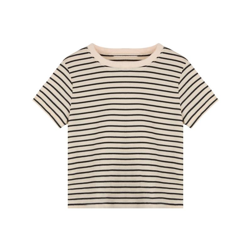 Women's Retro Striped Short-Sleeve T-Shirt, 2024 Summer Casual Loose Fit Trend, Round Neck Top