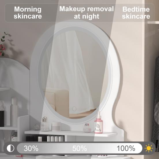 Home Vanity Desk Makeup with Mirror, Large Storage Shelves, 4 Drawers, Table Light, Bedroom Dressing