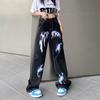 Streetwear Vintage Women Black Jeans Spring Autumn High Waist Pants Y2K Printing Harajuku Wide Leg Straight Loose Casual Trouser