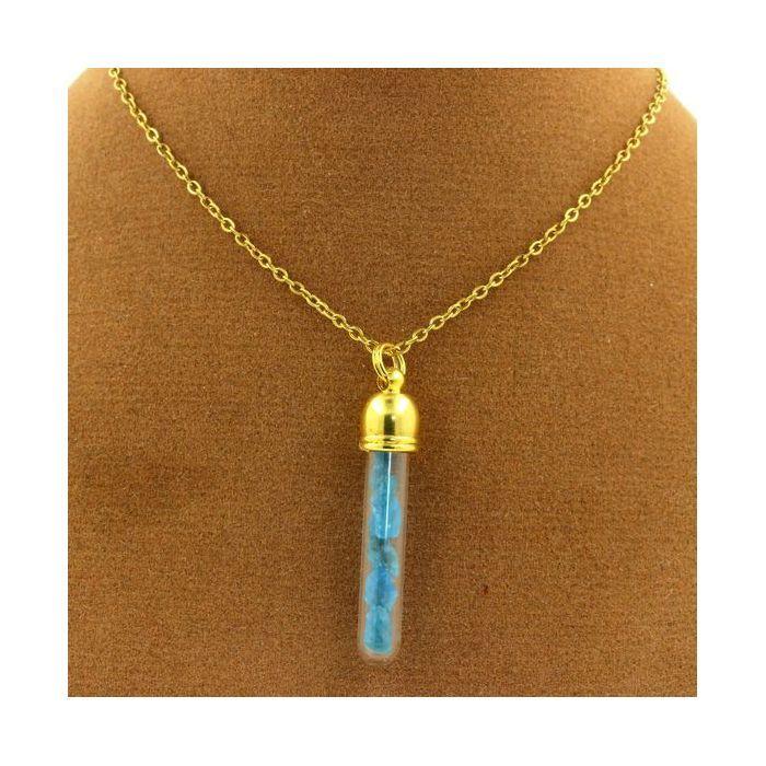 Stones and Minerals. Raw Neon Blue Apatite Necklace. Tube Model. Gold Color.