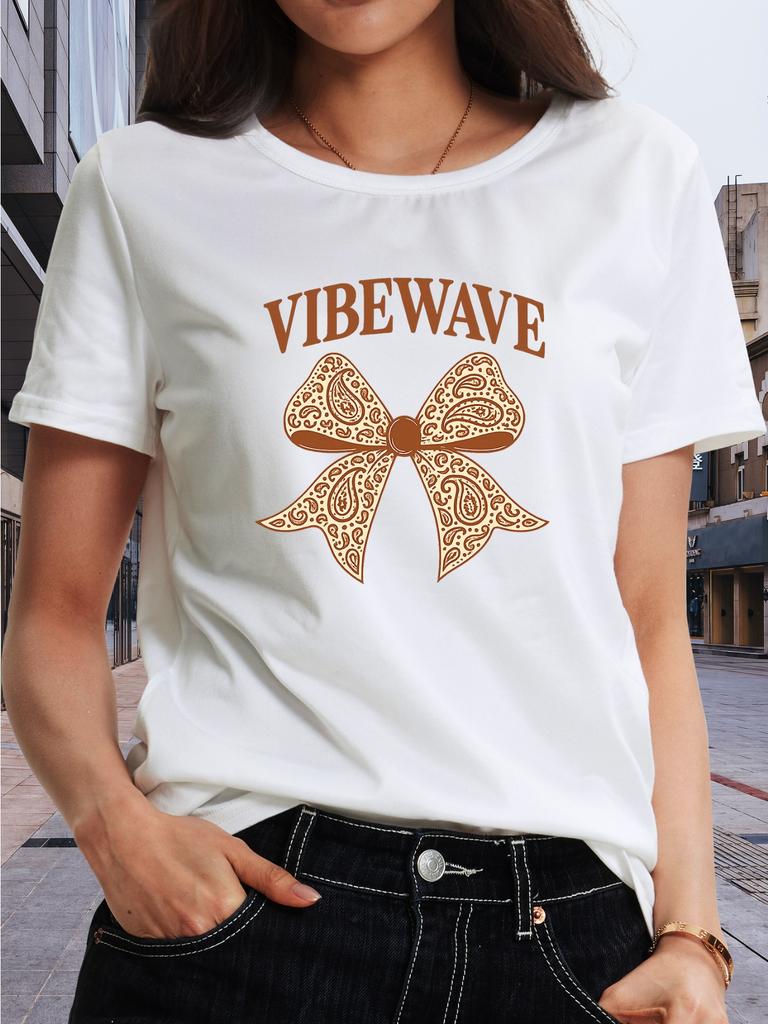 Women'S Bow "VIBE WAVE" Letter Print Short-sleeved Shirt Moderate Elasticity, Machine Washable, Crew Neck, Regular Fit, Summer 2026 New Style