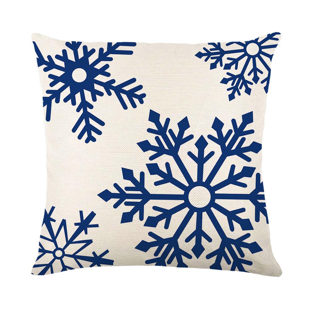 Blue Christmas Ornament Cushion Cover Printed Bear Snowflake Elk Santa Claus Tree Merry Christmas Lettering Linen Pillowcase