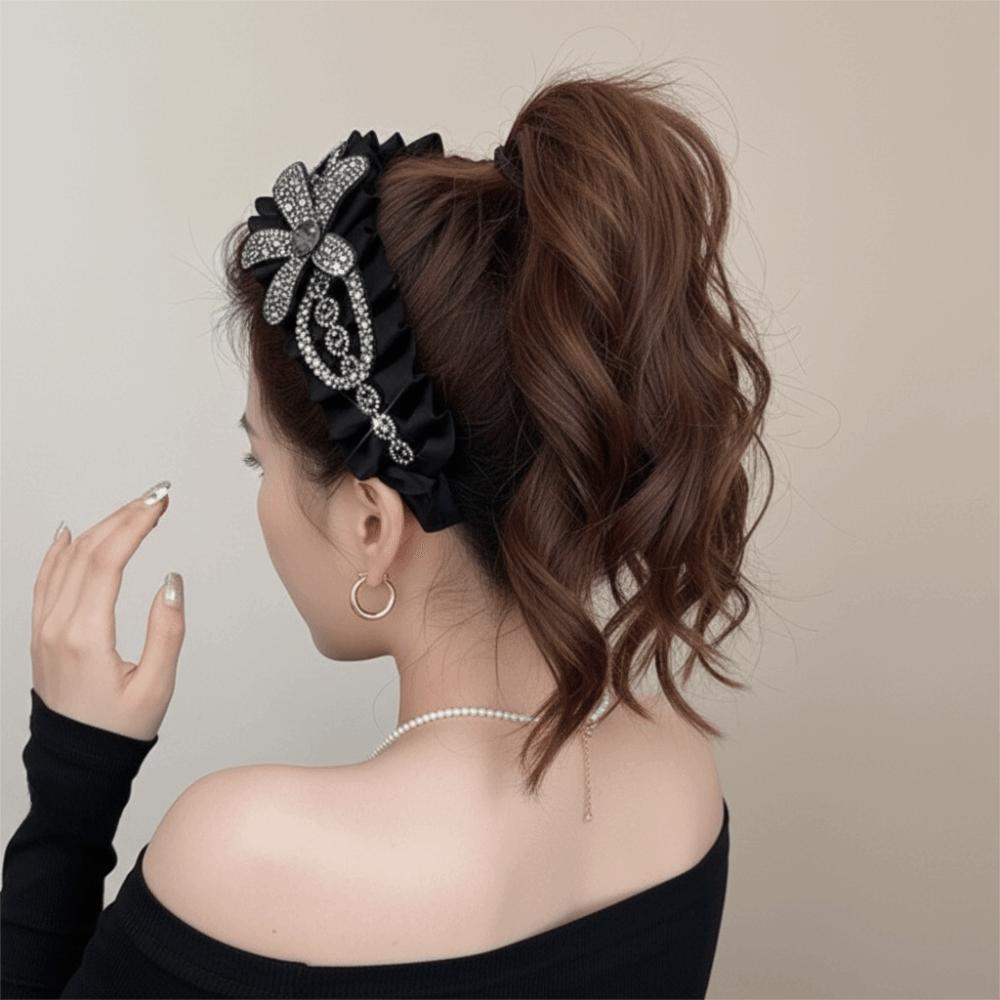 Wide Women Hair Hoop Rhinestone Wrinkle Headband Luxury Black Hairband  Party