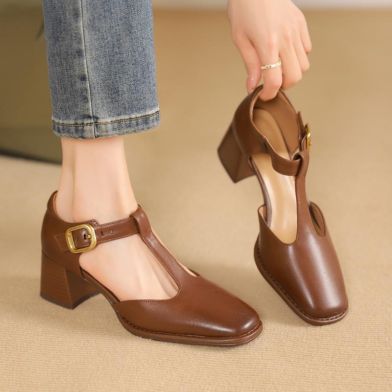 2024 Новые женские туфли-лодочки из натуральной кожи с Т-образным ремешком на толстом высоком каблуке, модные туфли с круглым носком, элегантные туфли-лодочки для офиса, женские туфли на каблуке
