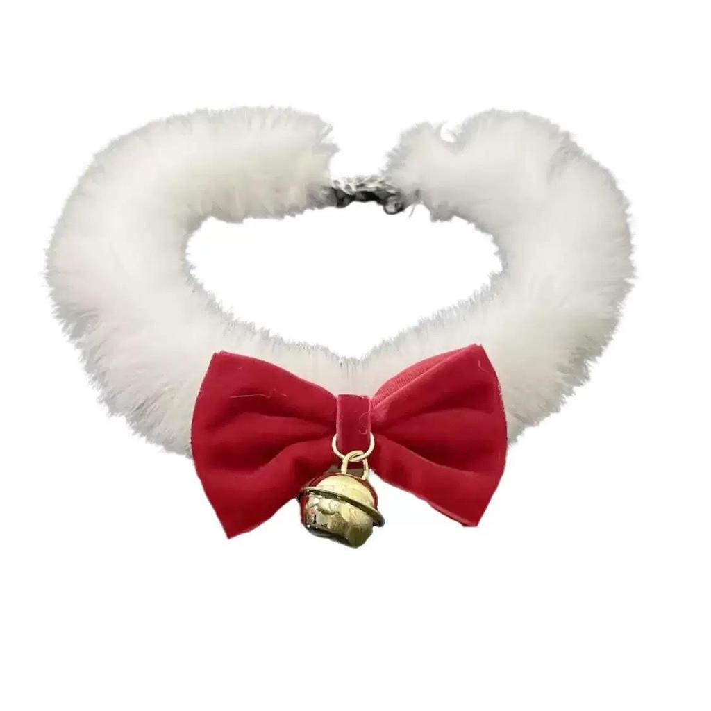 Adorable Christmas Plush Necklace with Red Velvet Bow and Jingle Bell Choker