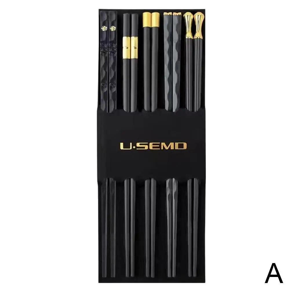 5 пар китайских палочек для еды из сплава, палочки для суши, многоразовые, легкие, роскошные, бытовые, черные, золотые палочки для еды, здоровая посуда из сплава