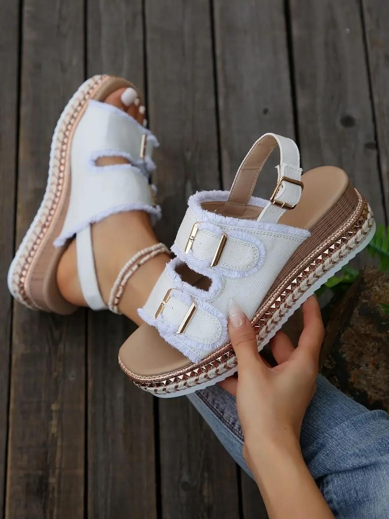 Women Chunky Platform Wedges Sandals Female Summer Blue Denim Beach Sandals Woman Ankle Straps High Heels Sandalias Plus Size 42