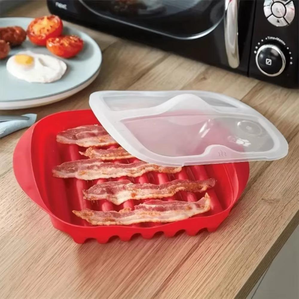 Red Microwave Bacon Pan Wave Anti-stick Design Microwave Bacon Cooker  Breakfast