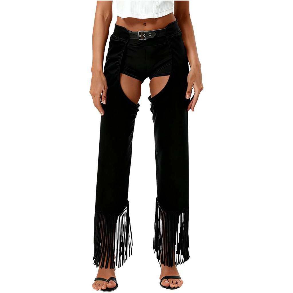 Womens Suede Cowgirl Chaps Fringe Split Open Crotch Adjustable Buckles Pants Vintage Costume