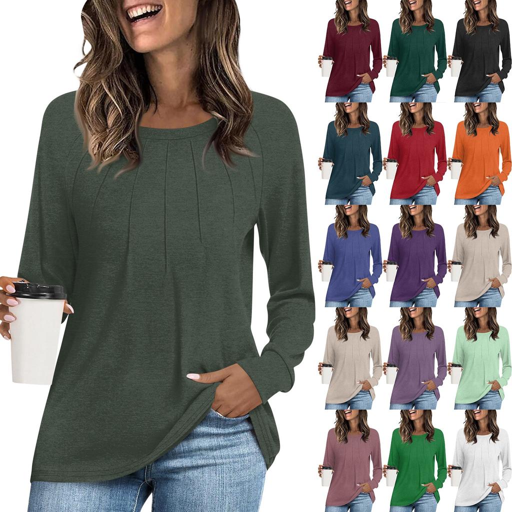 Женская модная повседневная плиссированная футболка с круглым вырезом и длинным рукавом, однотонная футболка, удобный топ