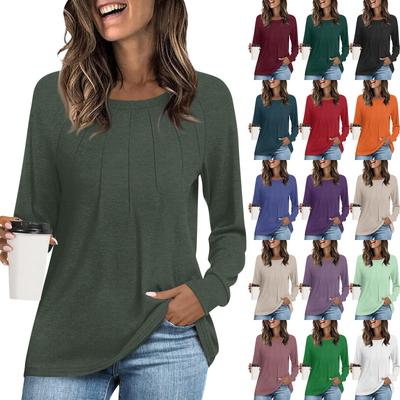 Женская модная повседневная плиссированная футболка с круглым вырезом и длинным рукавом, однотонная футболка, удобный топ