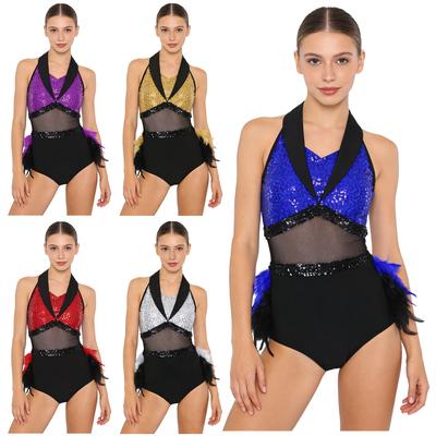 Женский трико для латиноамериканских танцев, размеры S-XXL: Комбинезон Color Block с пайетками, сетчатыми и перьевыми деталями, без рукавов с вырезами