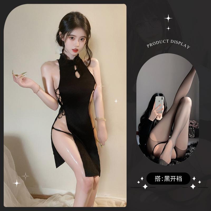 Sex underwear sexy neck hollow retro split mesh national style cheongsam sex suit