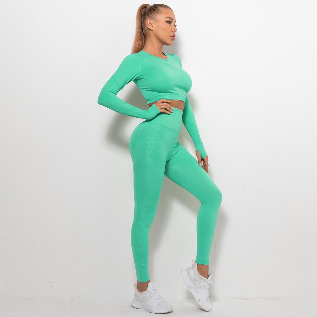 Бесшовный комплект из 2 предметов, костюм для йоги, футболки с длинными рукавами, леггинсы с пуш-ап, сексуальные спортивные комплекты для тренажерного зала, большие размеры