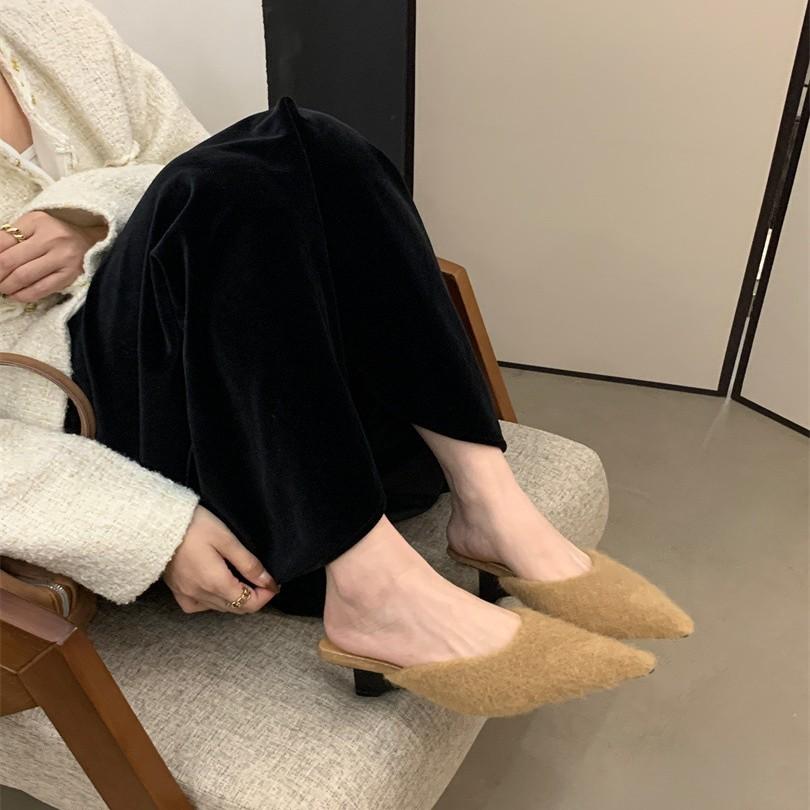 Suede Muller Shoes Autumn and Winter Special-shaped Heel Autumn and Winter Fluffy Slippers Women's Outer Wear Bag Head Rabbit Hair Warm French Sma