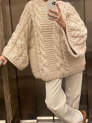 Свитер с круглым вырезом и широкими манжетами Расслабленный, непринужденный стиль Универсальный топ Однотонный Модный вязаный топ для женщин