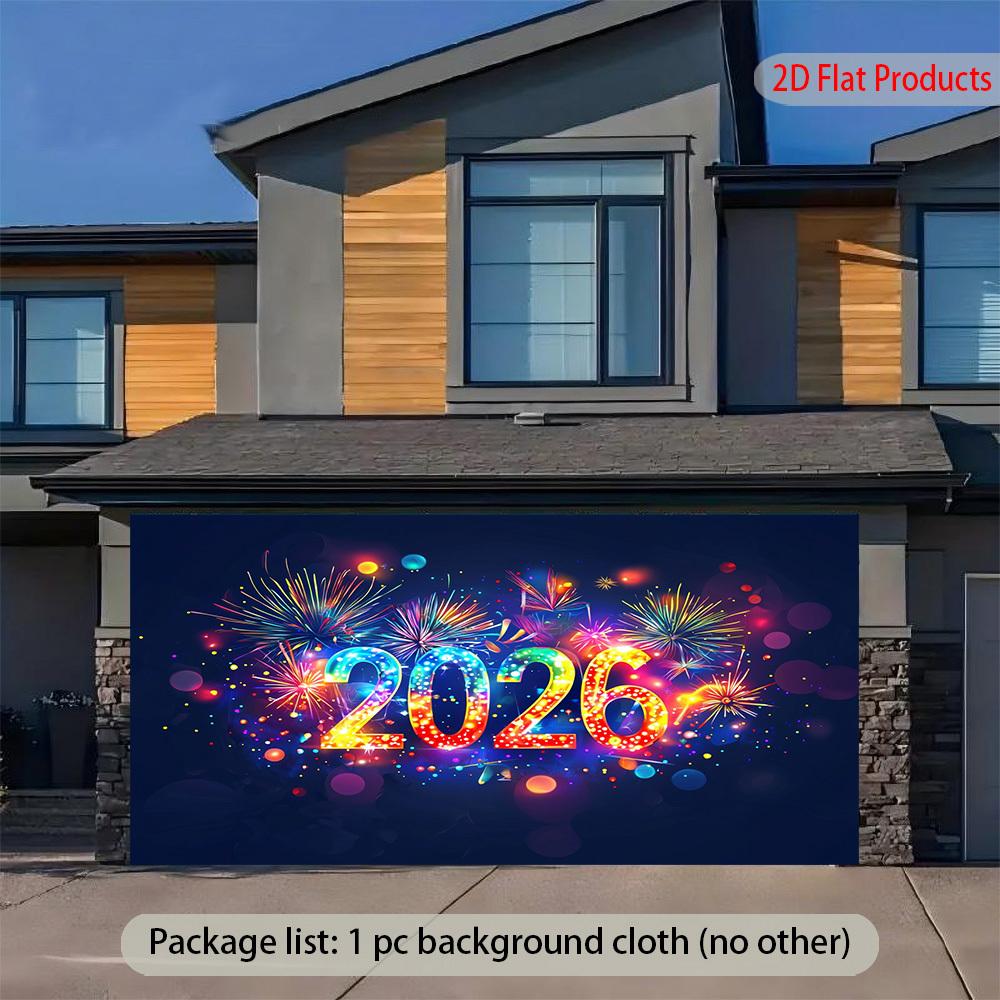 2D flat, 1pc gleaming 2026 banner background with glowing numbers and fireworks design - durable polyester
