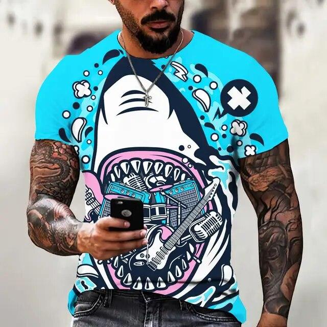 T Shirt For Men Anime Shark Print Men's T Shirt Hip Hop Style Short Sleeve Tops Summer Round Neck Streetwear Oversized Tees