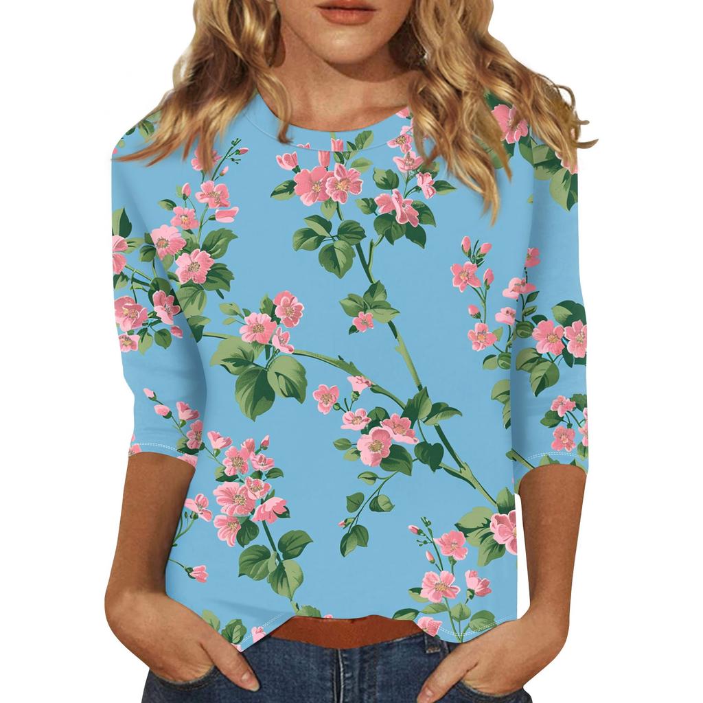 Женский топ с цветочным принтом, круглым вырезом и рукавами три четверти Футболка Футболка с рукавами три четверти