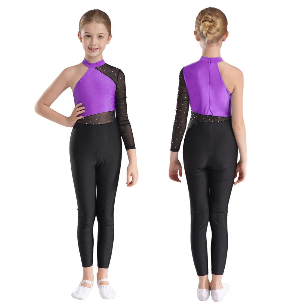 Girls One Mesh Sleeve Full Body Cover Jumpsuits Gymnastics Ballet Modern Dance Uniform Unitard Ice Skating Competition Costume