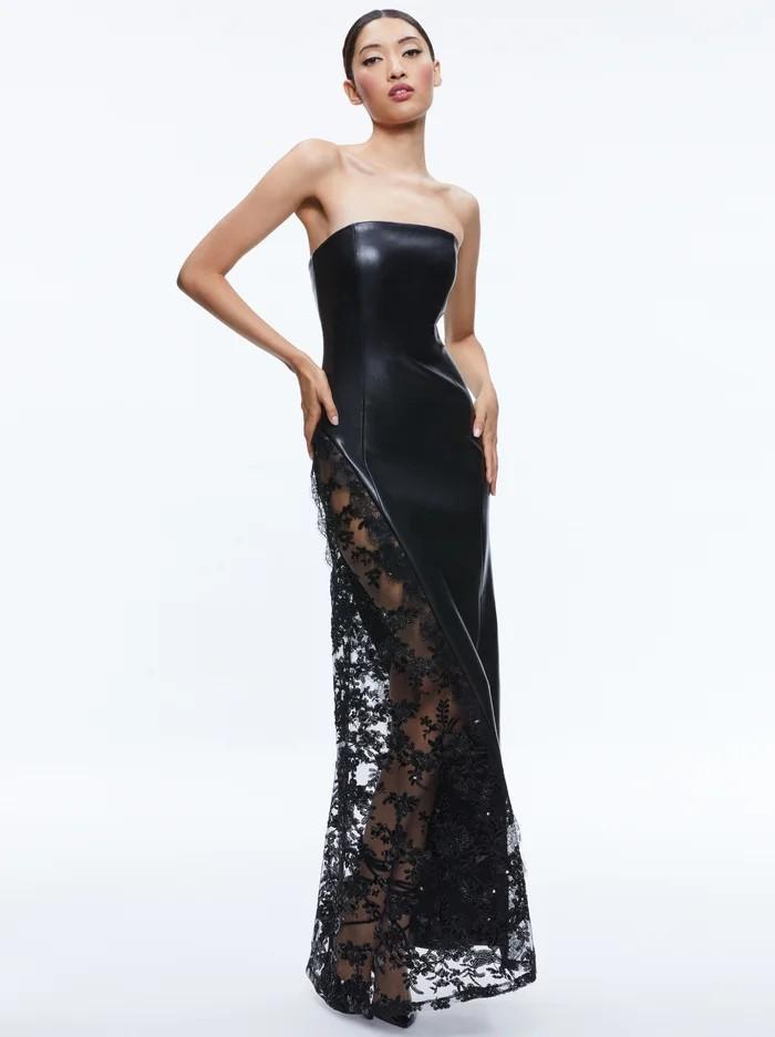 New European and American solid color PU leather temperament fashionable slim tube top lace European and American popular sexy medium and long
