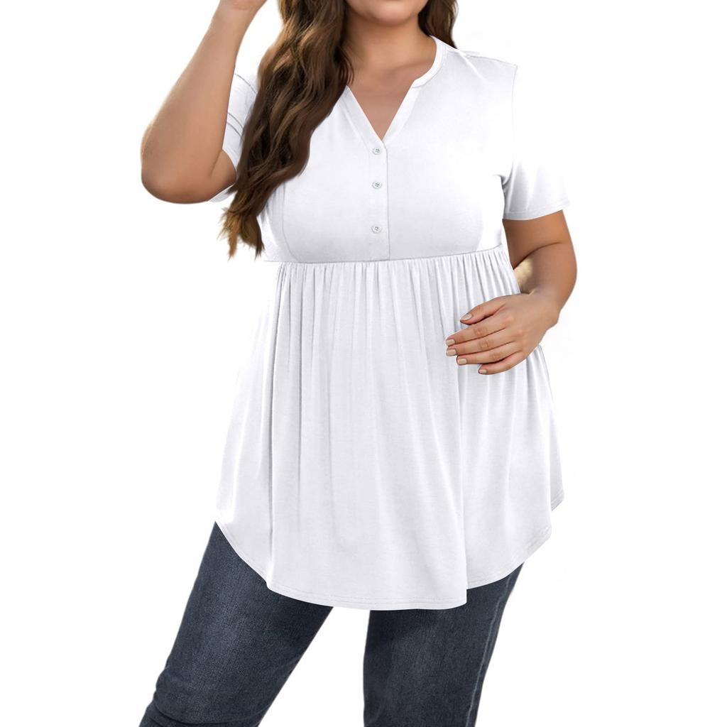 Women's Solid Color Large Size V Neck Button-Up Top Casual Short Sleeve Flowy Top