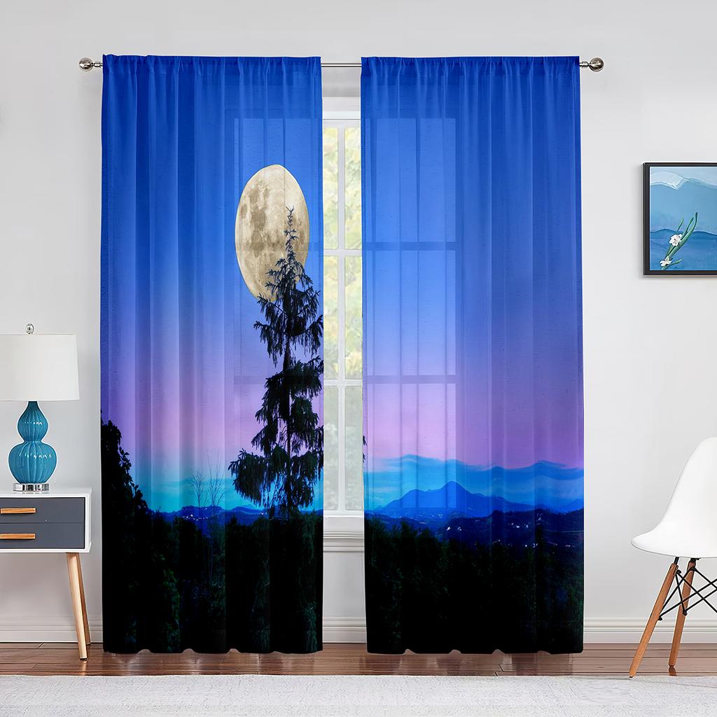 Ночное небо, луна, звезды и лес, озеро, прозрачные вуалевые шторы для спальни, гостиной, кухни, тюлевые шторы, шифоновые оконные шторы