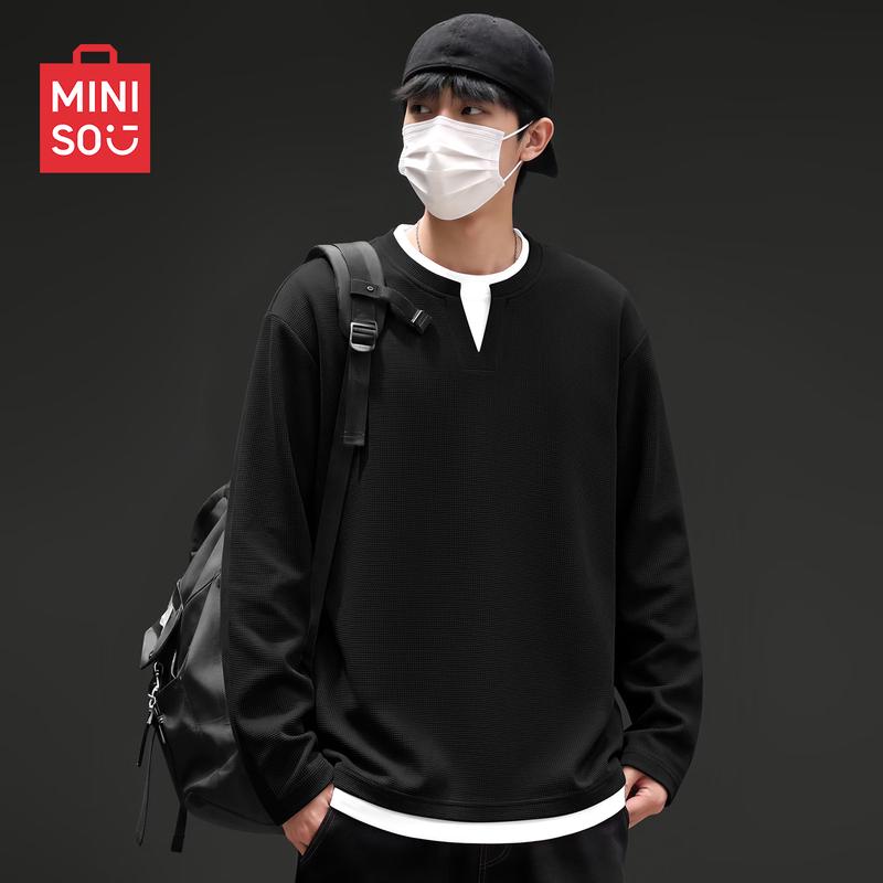 MINISO Waffle Knit Long-Sleeve Men's V-Neck Casual T-Shirt
