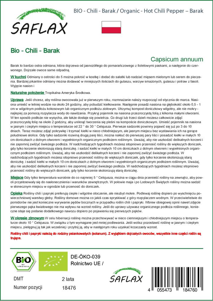 SAFLAX Garden in the Bag - Органический - Острый перец чили - Барак - 15 семян - С субстратом в подходящем пакете - Capsicum annuum