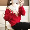 Women Knitted Sweater Autumn and Winter Colorblocking V-Neck Long Sleeve Knit Sweater Thickened Knit Jumper
