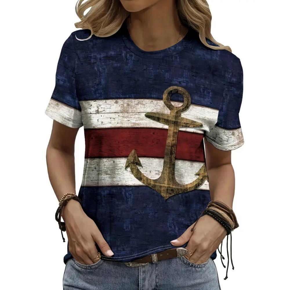Fashion Boat Anchor Pattern Women's Clothing Summer Striped Patchwork Color Round Neck Short Sleeved Tops Loose Casual Oversize