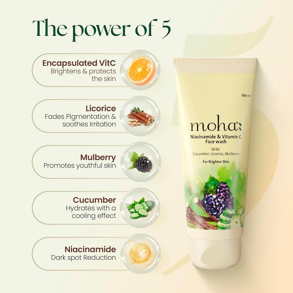 Moha Vitamin C Face Wash 100ml Pack of 1 for Brightening, Even-Toned Skin, Gentle Daily Cleanser with Herbal Extracts